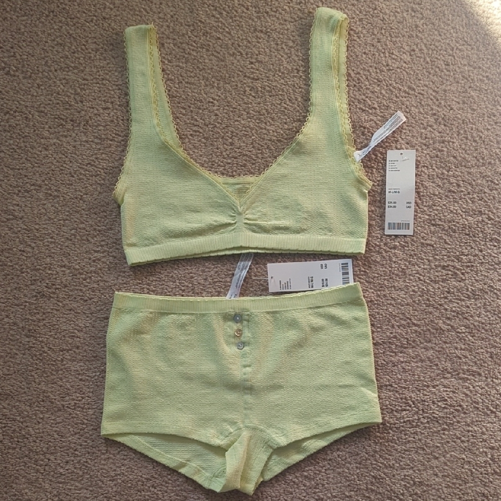 Lace Trimmed Yellow Bralette and Shorts Set